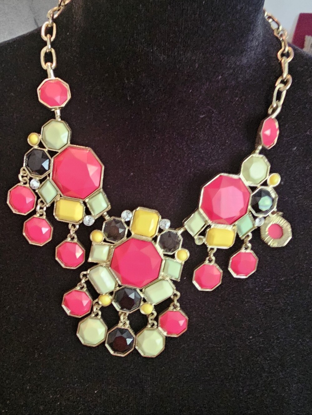 Bold Multi-Color Statement Necklace - Pink, Mint & Yellow. 17" With 3" Extender